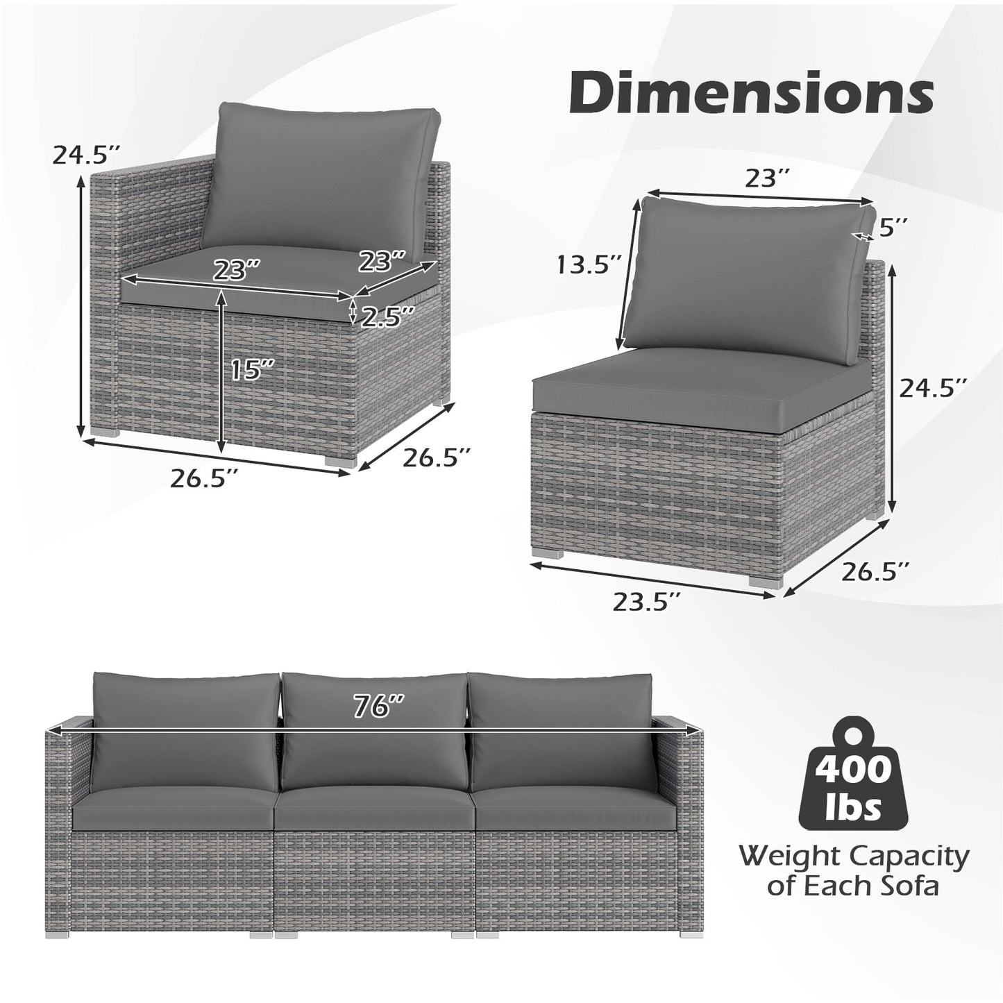 3 Pieces Patio Sectional Sofa Set PE Rattan Modular Couch Furniture Set with Soft Cushions, Gray