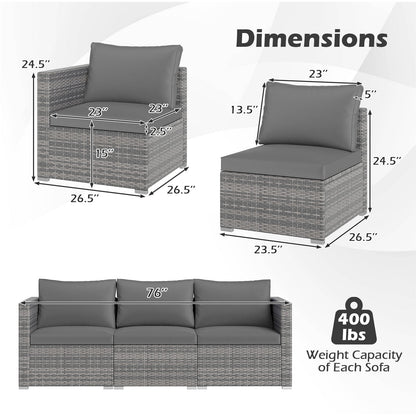 3 Pieces Patio Sectional Sofa Set PE Rattan Modular Couch Furniture Set with Soft Cushions, Gray