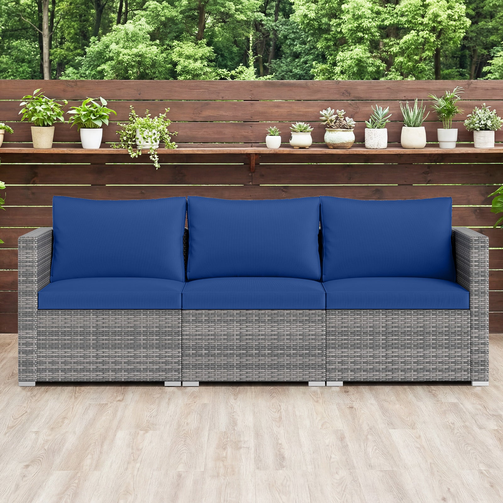 Patio Sectional Sofa Set, 3 Pieces PE Rattan Modular Couch with Cushions, Navy Outdoor Sectionals at Gallery Canada