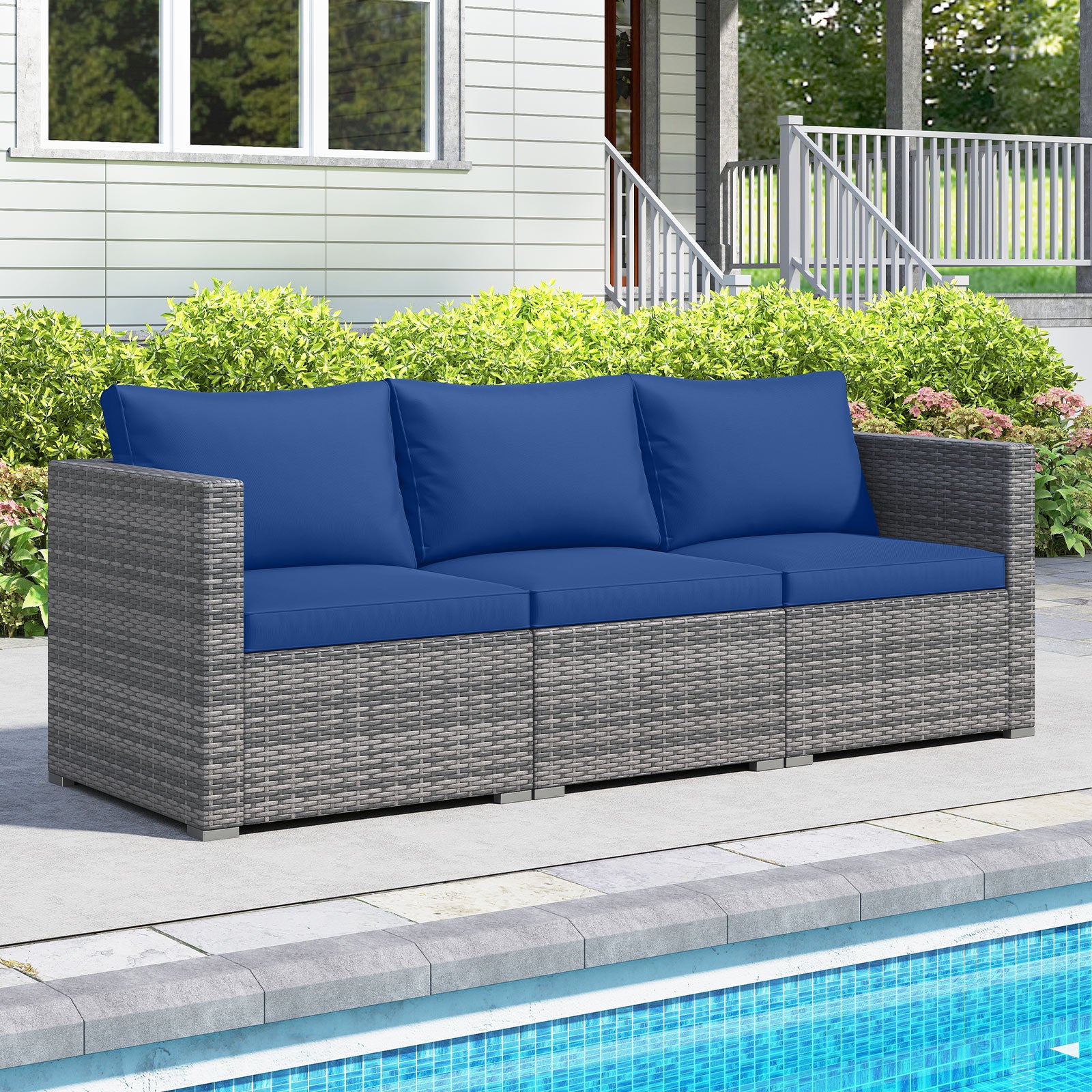 Patio Sectional Sofa Set, 3 Pieces PE Rattan Modular Couch with Cushions, Navy Outdoor Sectionals at Gallery Canada