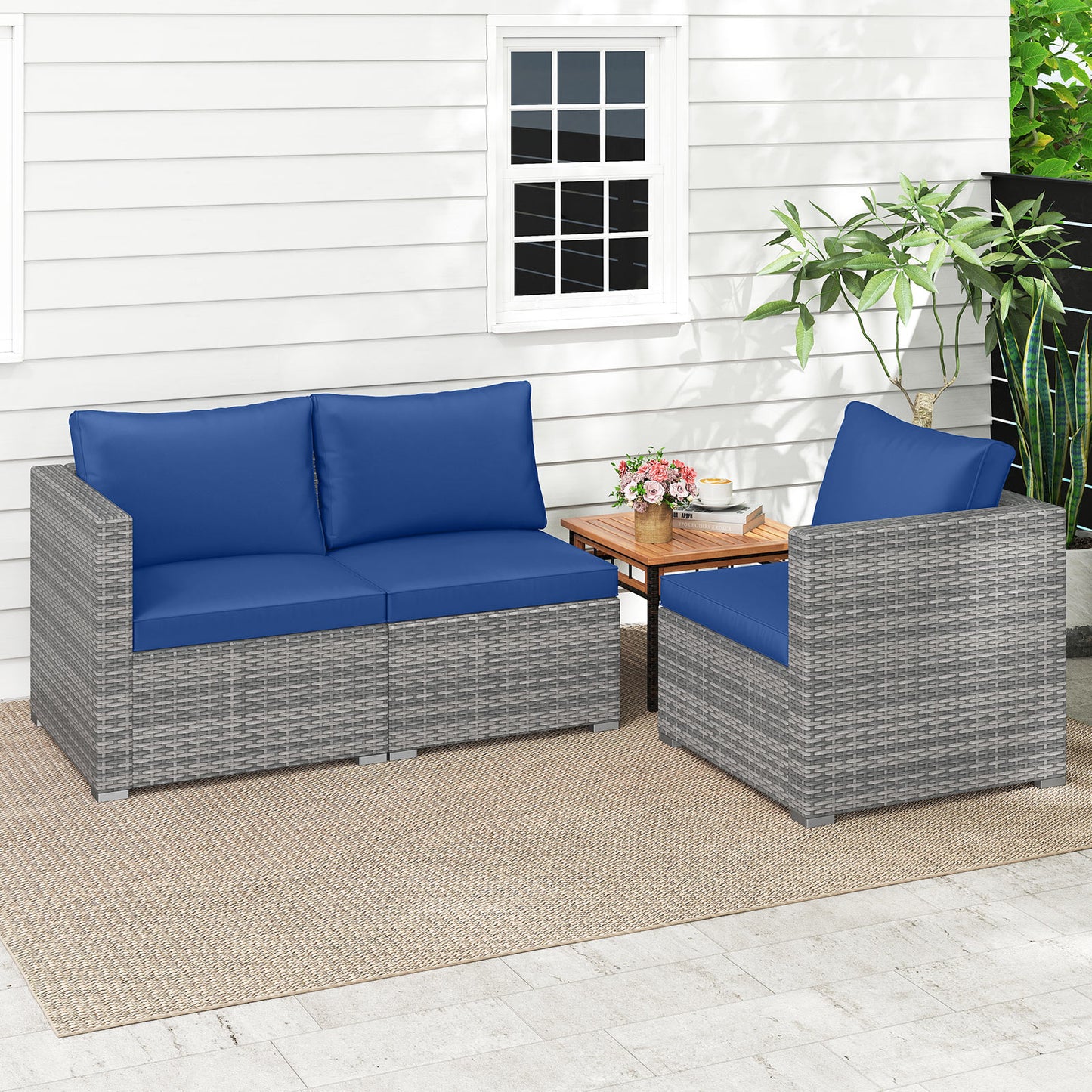 Patio Sectional Sofa Set, 3 Pieces PE Rattan Modular Couch with Cushions, Navy Outdoor Sectionals at Gallery Canada