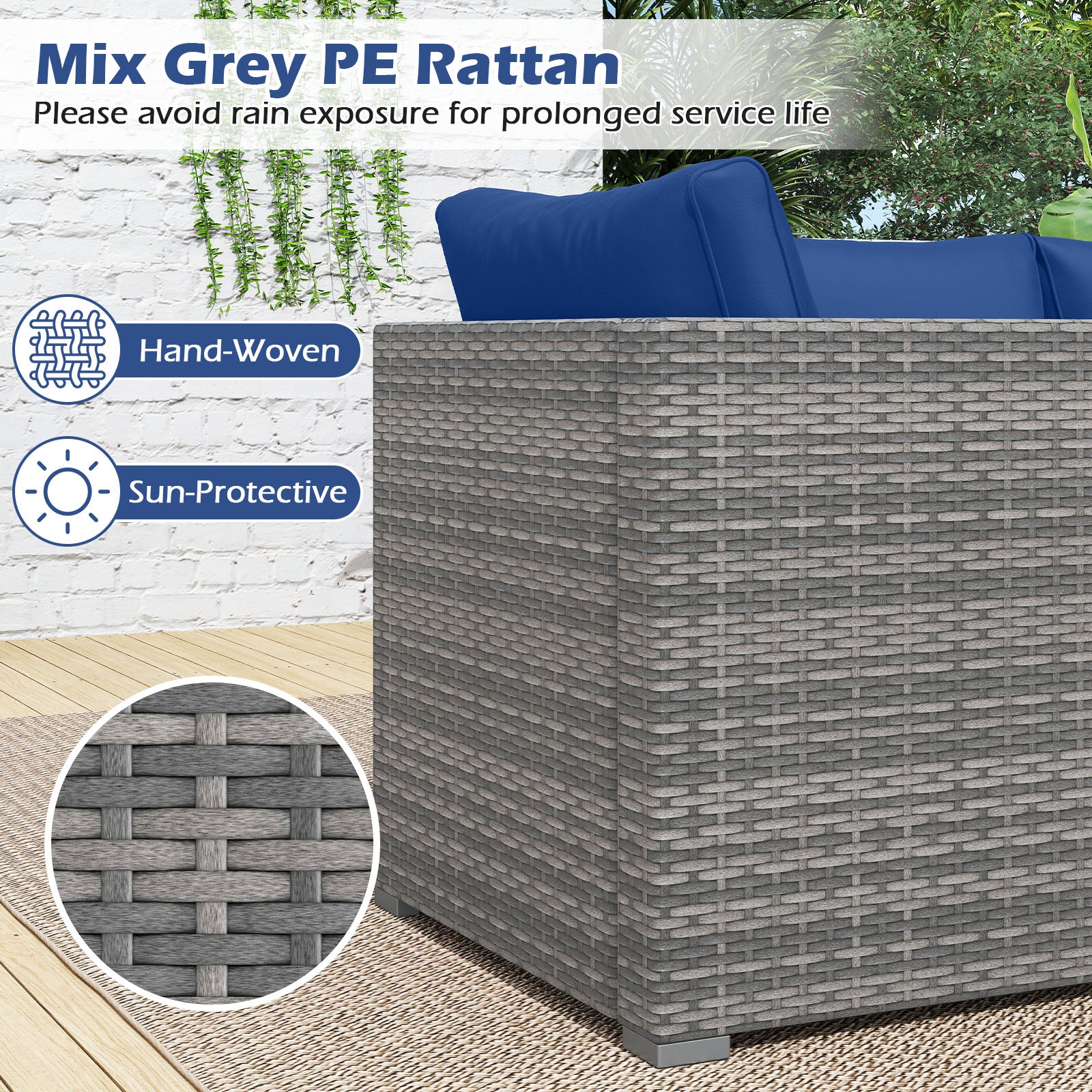 Patio Sectional Sofa Set, 3 Pieces PE Rattan Modular Couch with Cushions, Navy Outdoor Sectionals at Gallery Canada