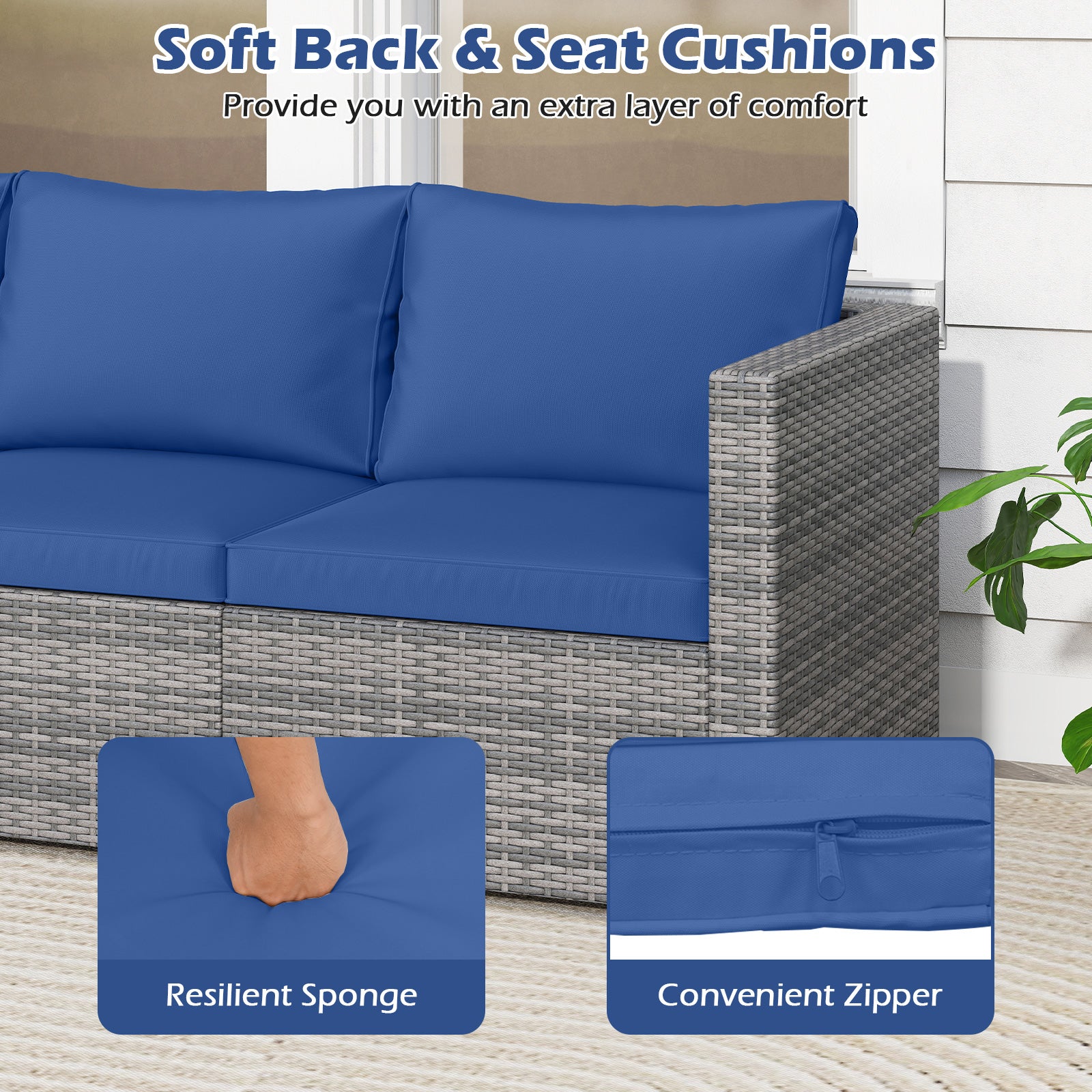 Patio Sectional Sofa Set, 3 Pieces PE Rattan Modular Couch with Cushions, Navy Outdoor Sectionals at Gallery Canada