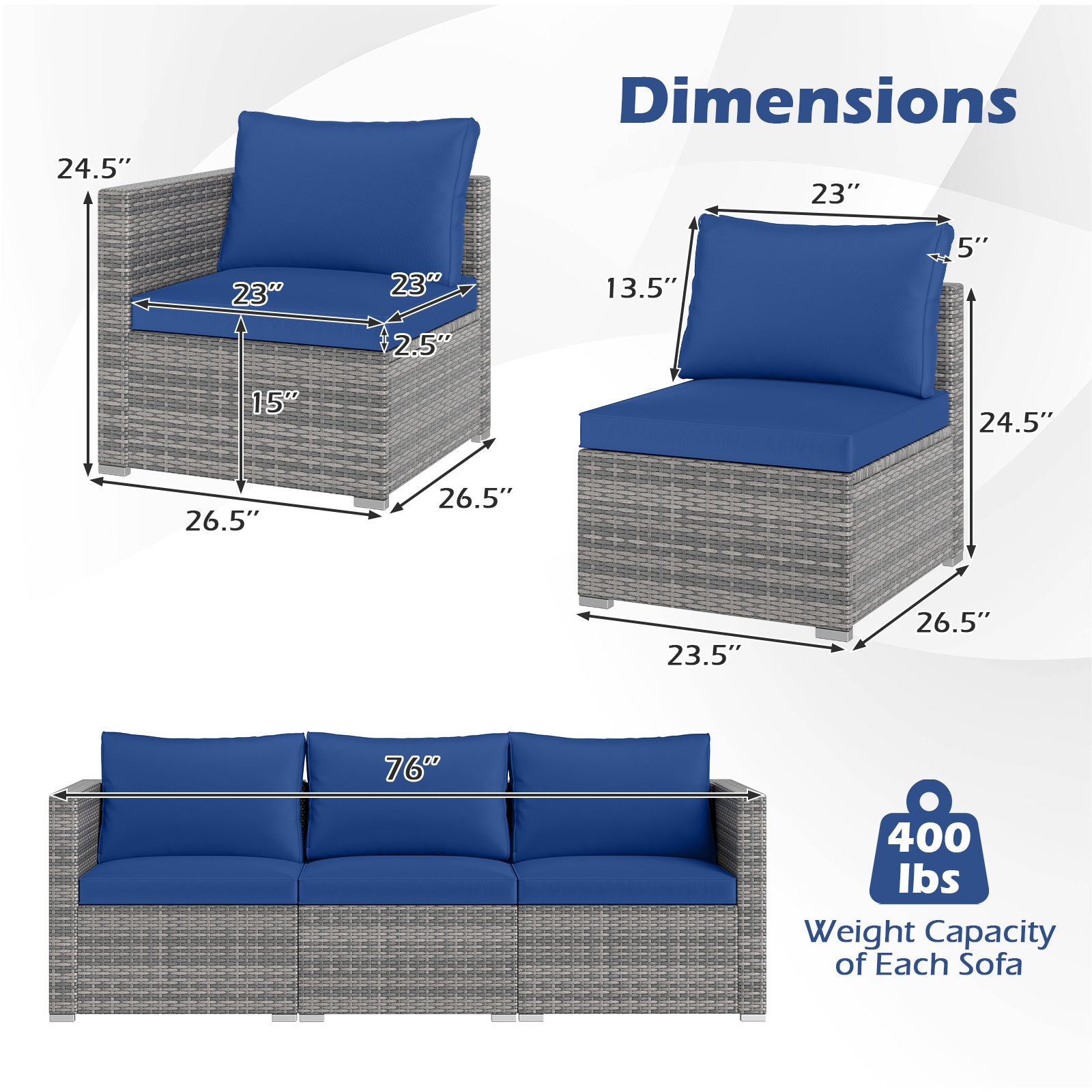Patio Sectional Sofa Set, 3 Pieces PE Rattan Modular Couch with Cushions, Navy Outdoor Sectionals at Gallery Canada