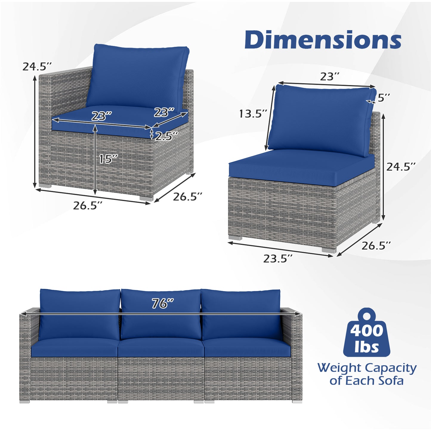 Patio Sectional Sofa Set, 3 Pieces PE Rattan Modular Couch with Cushions, Navy Outdoor Sectionals at Gallery Canada