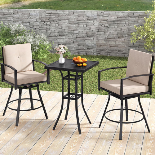 3 Piece Patio Swivel Bar Set with Umbrella Hole, Beige