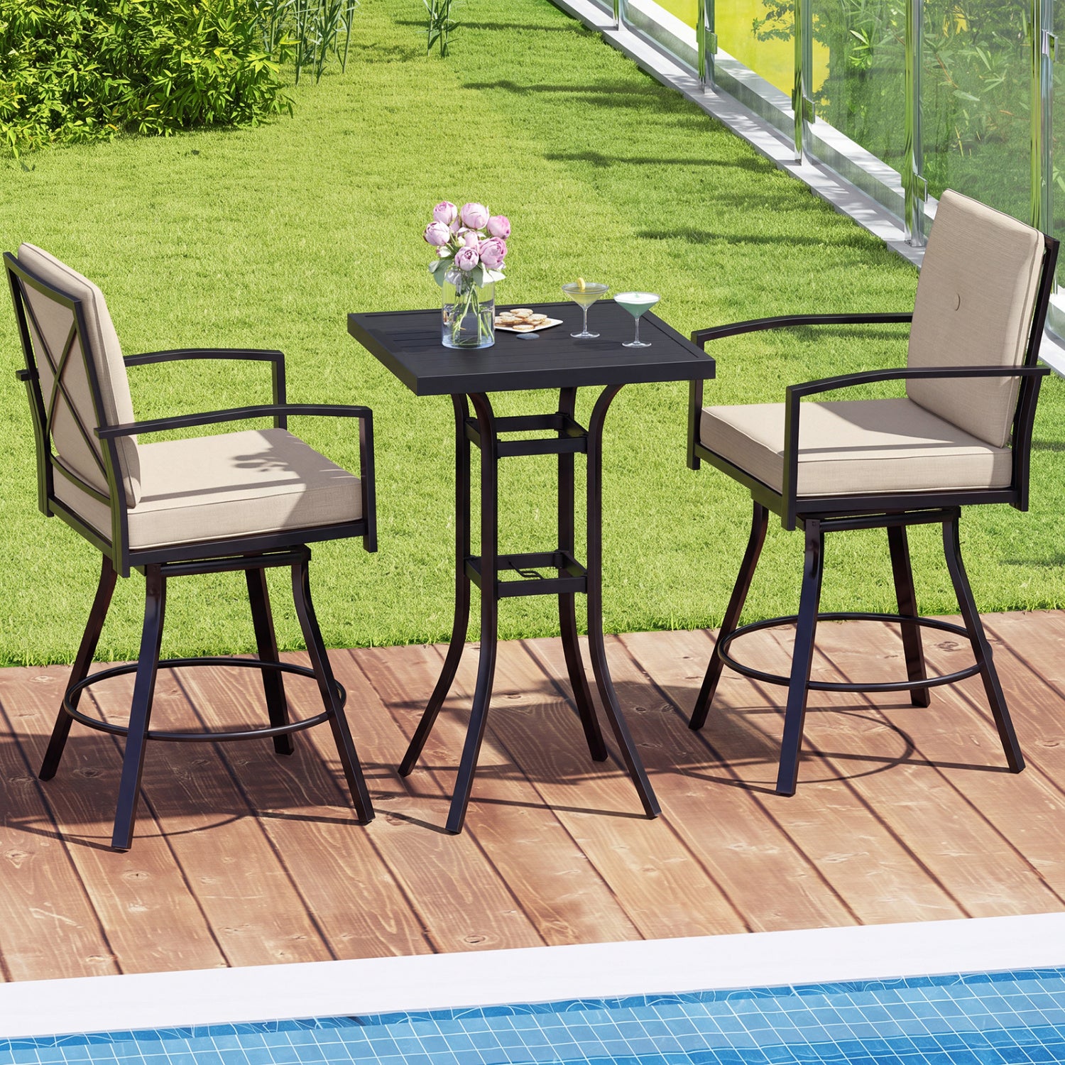 3 Piece Patio Swivel Bar Set with Umbrella Hole, Beige Patio Bar Furniture at Gallery Canada