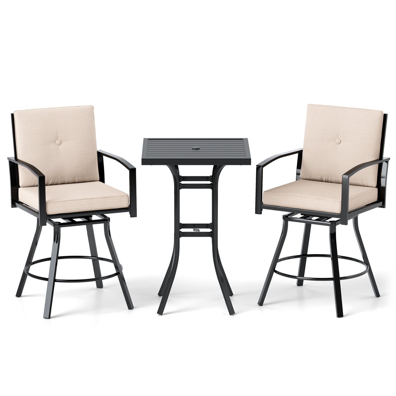 3 Piece Patio Swivel Bar Set with Umbrella Hole, Beige Patio Bar Furniture Beige at Gallery Canada