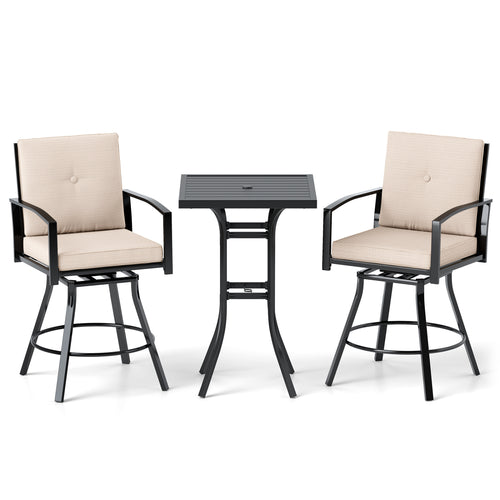 3 Piece Patio Swivel Bar Set with Umbrella Hole, Beige