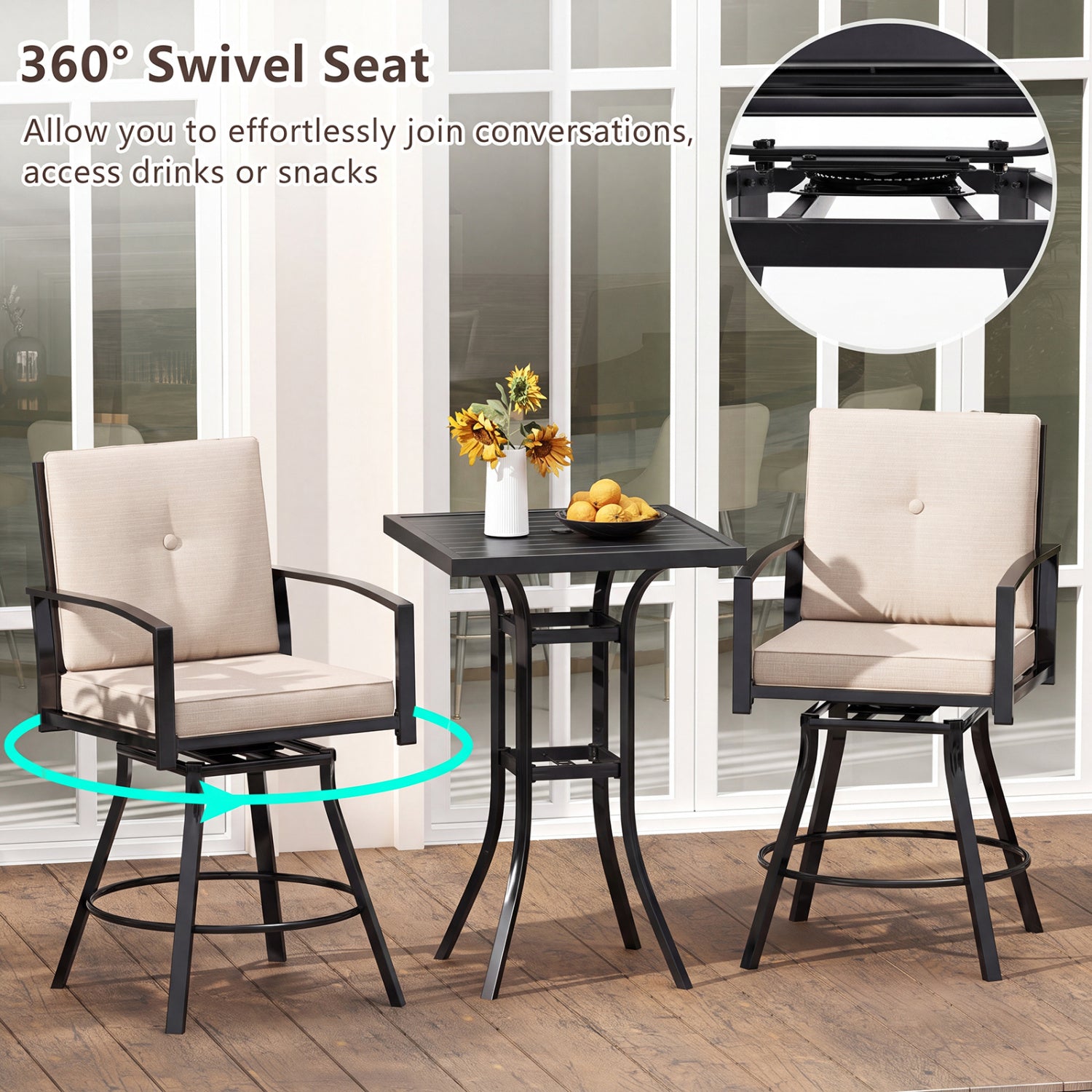 3 Piece Patio Swivel Bar Set with Umbrella Hole, Beige Patio Bar Furniture at Gallery Canada