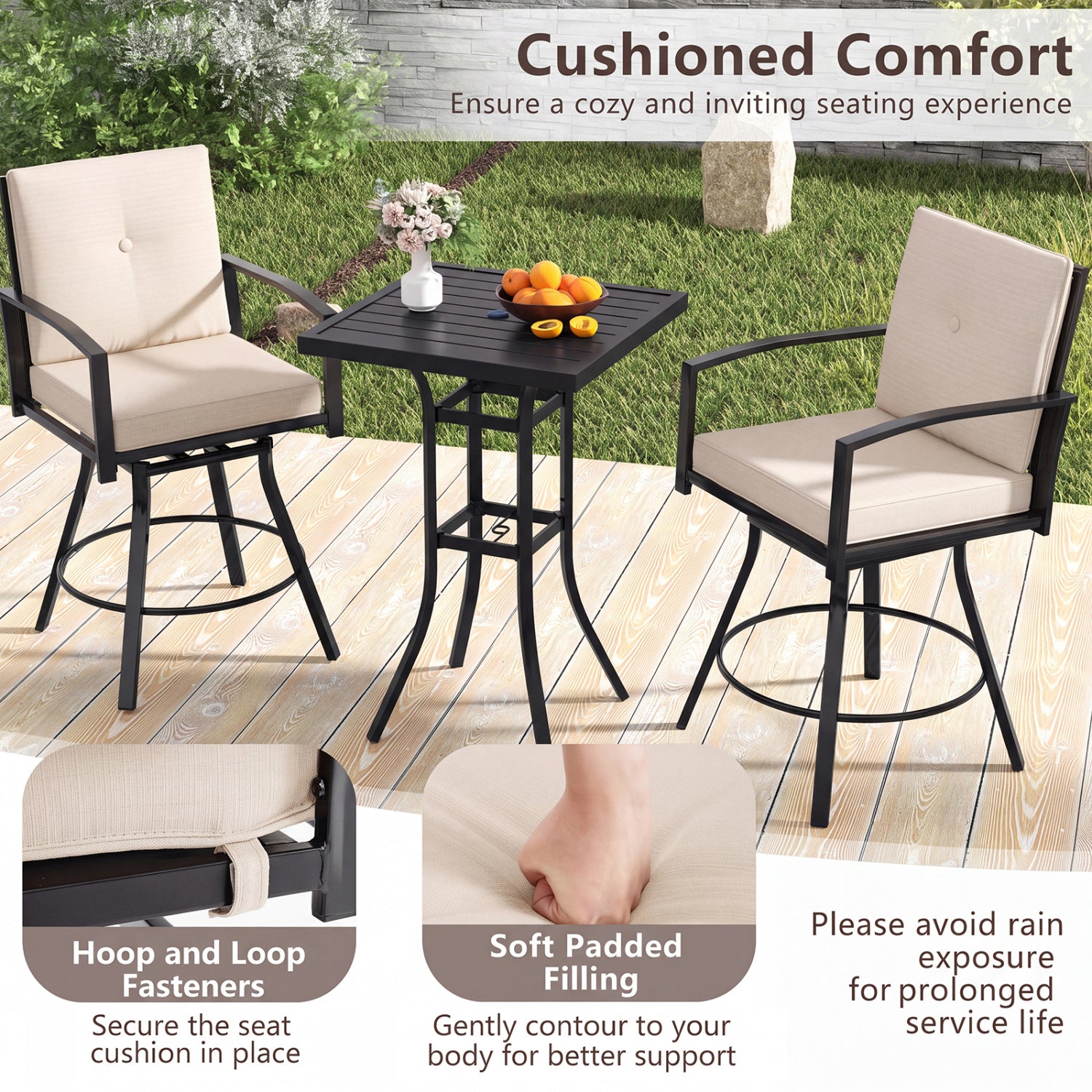 3 Piece Patio Swivel Bar Set with Umbrella Hole, Beige Patio Bar Furniture at Gallery Canada