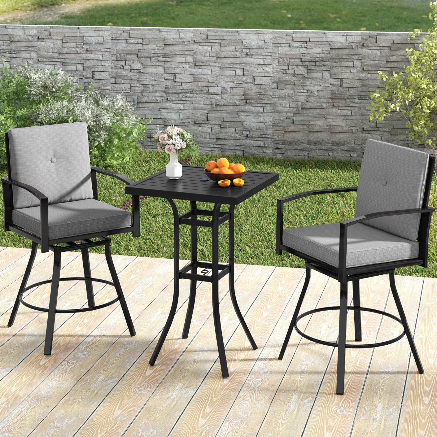 3 Piece Patio Swivel Bar Set, with Umbrella Hole, Gray Patio Bar Furniture at Gallery Canada