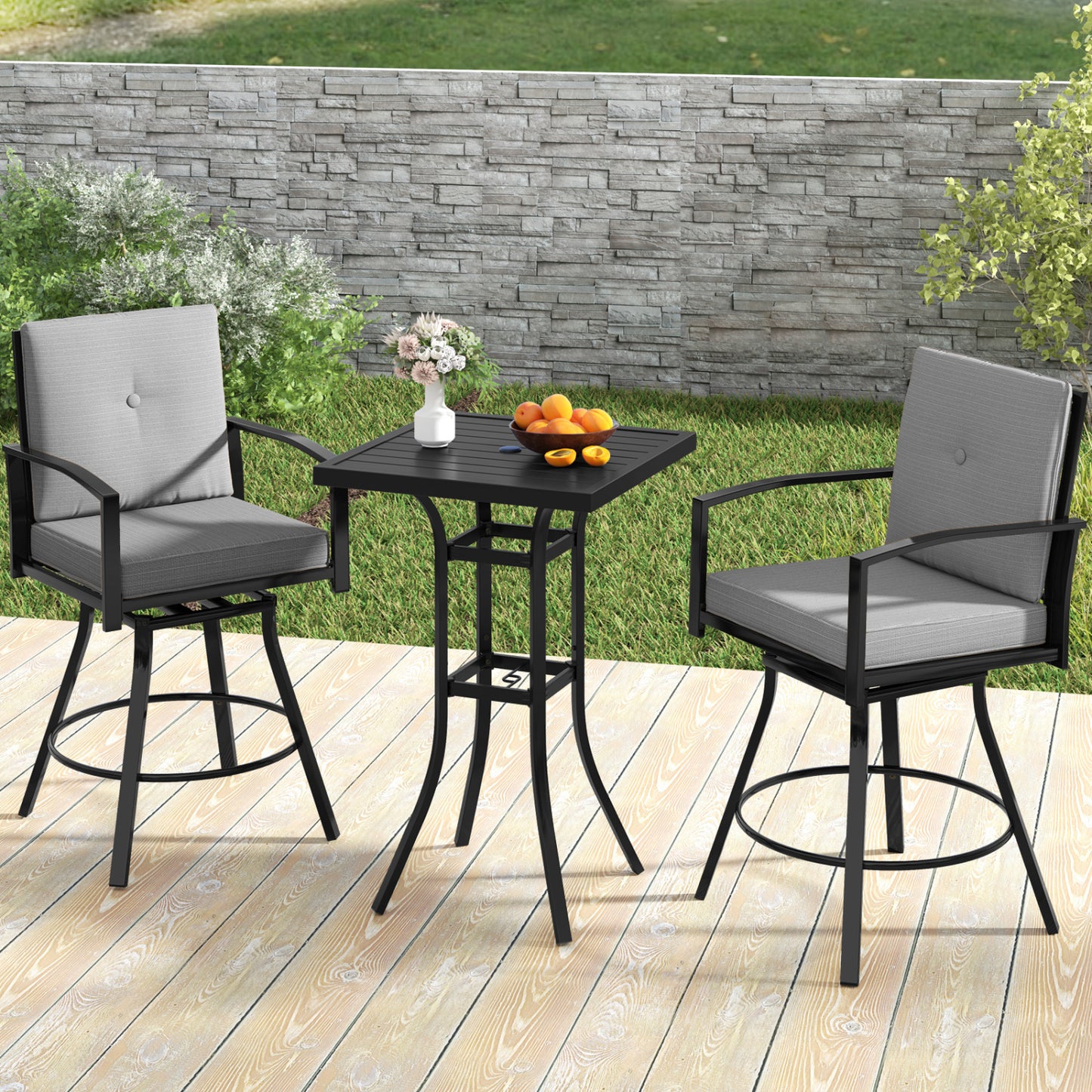 3 Piece Patio Swivel Bar Set, with Umbrella Hole, Gray Patio Bar Furniture at Gallery Canada