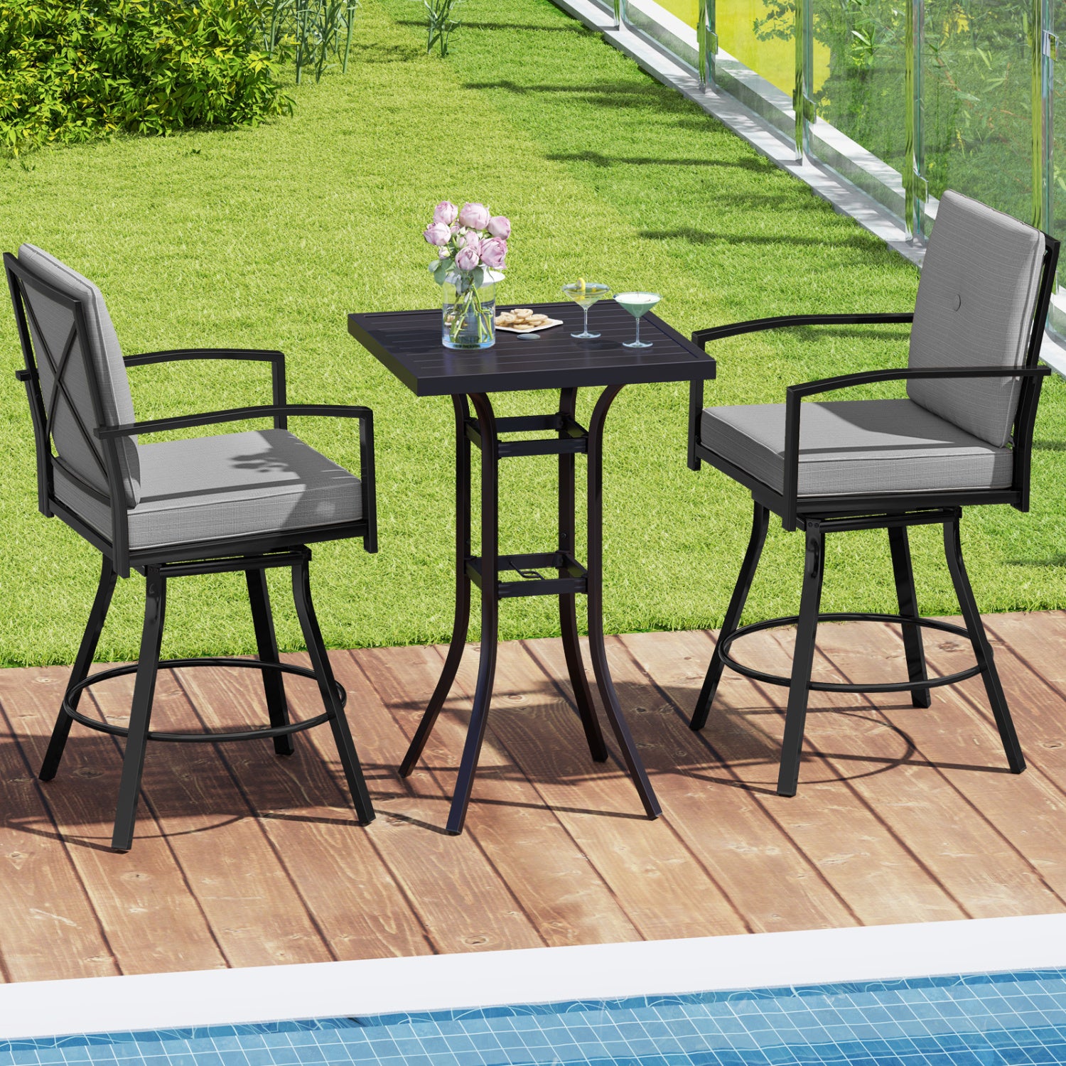 3 Piece Patio Swivel Bar Set, with Umbrella Hole, Gray Patio Bar Furniture at Gallery Canada