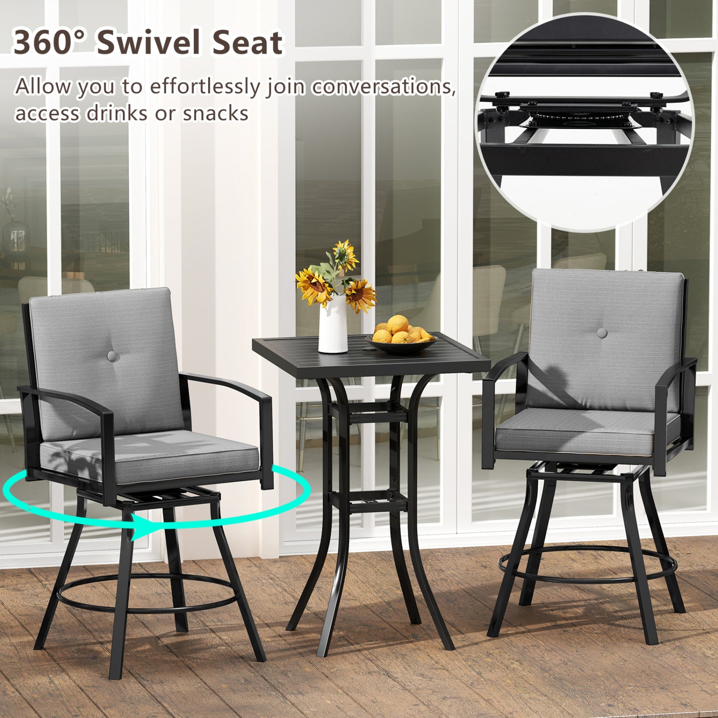 3 Piece Patio Swivel Bar Set, with Umbrella Hole, Gray Patio Bar Furniture at Gallery Canada