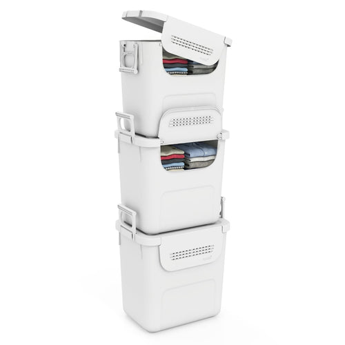 3 Pieces Plastic Storage Bins Stackable with Front Door and Side Handles, White