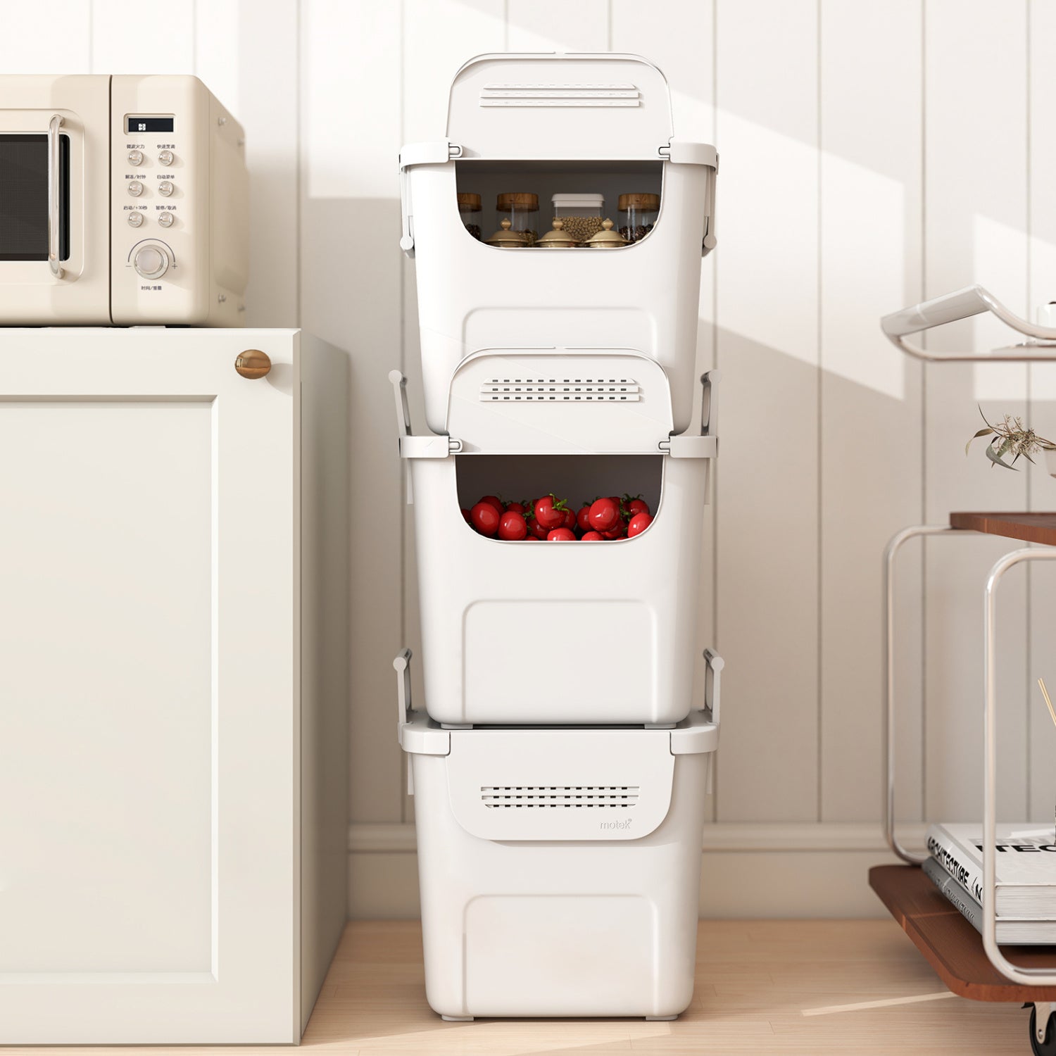 3 Pieces Plastic Storage Bins Stackable with Front Door and Side Handles, White Dressers & Chests at Gallery Canada