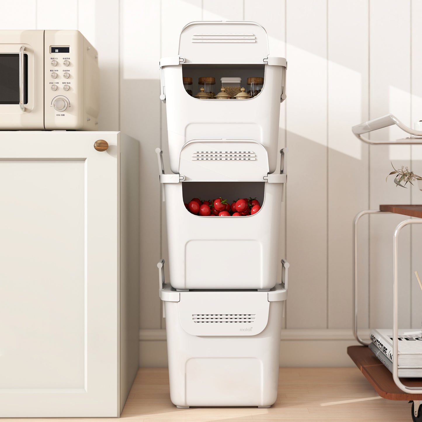 3 Pieces Plastic Storage Bins Stackable with Front Door and Side Handles, White Dressers & Chests at Gallery Canada