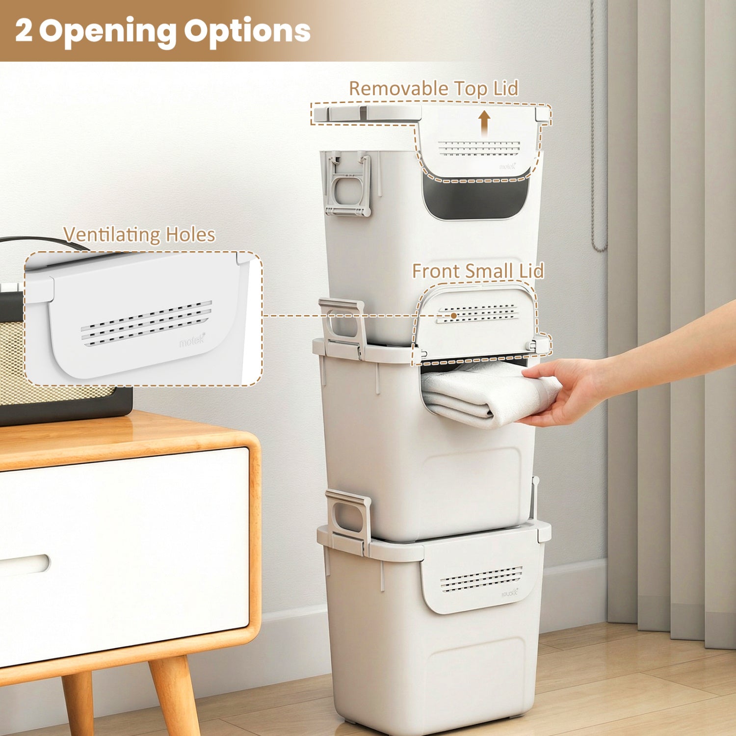 3 Pieces Plastic Storage Bins Stackable with Front Door and Side Handles, White Dressers & Chests at Gallery Canada