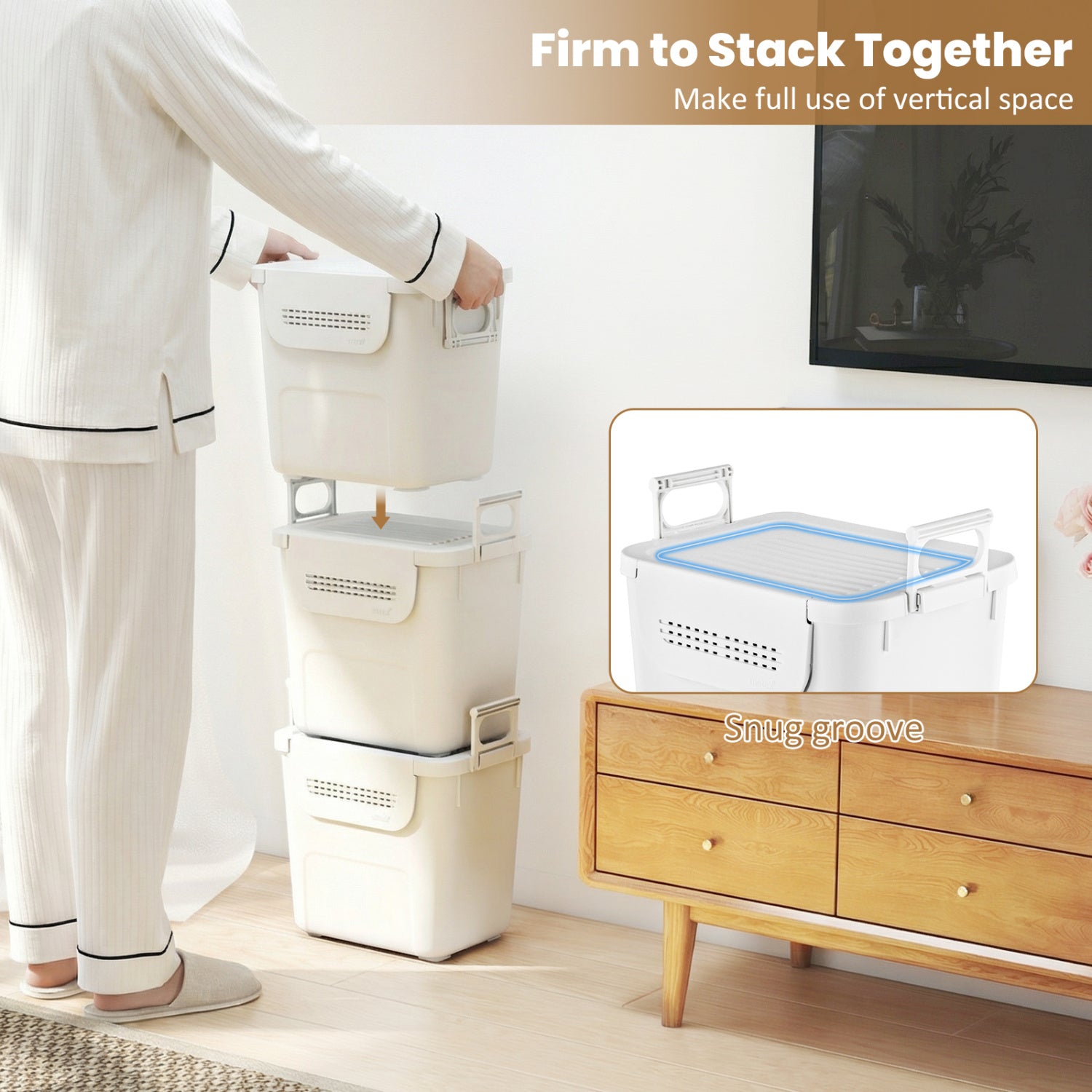 3 Pieces Plastic Storage Bins Stackable with Front Door and Side Handles, White Dressers & Chests at Gallery Canada