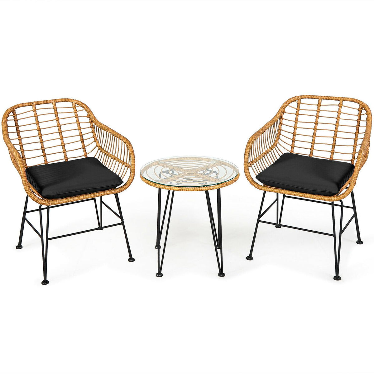 Ensemble de meubles en rotin 3 pièces, chaise et table avec coussins, noir