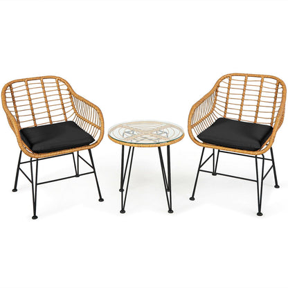 Ensemble de meubles en rotin 3 pièces, chaise et table avec coussins, noir