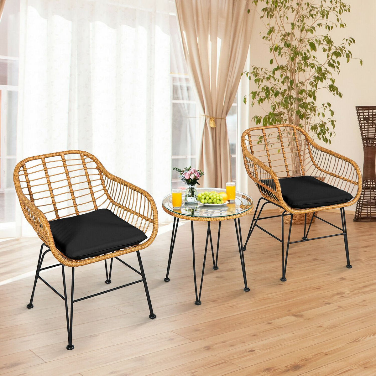 Ensemble de meubles en rotin 3 pièces, chaise et table avec coussins, noir
