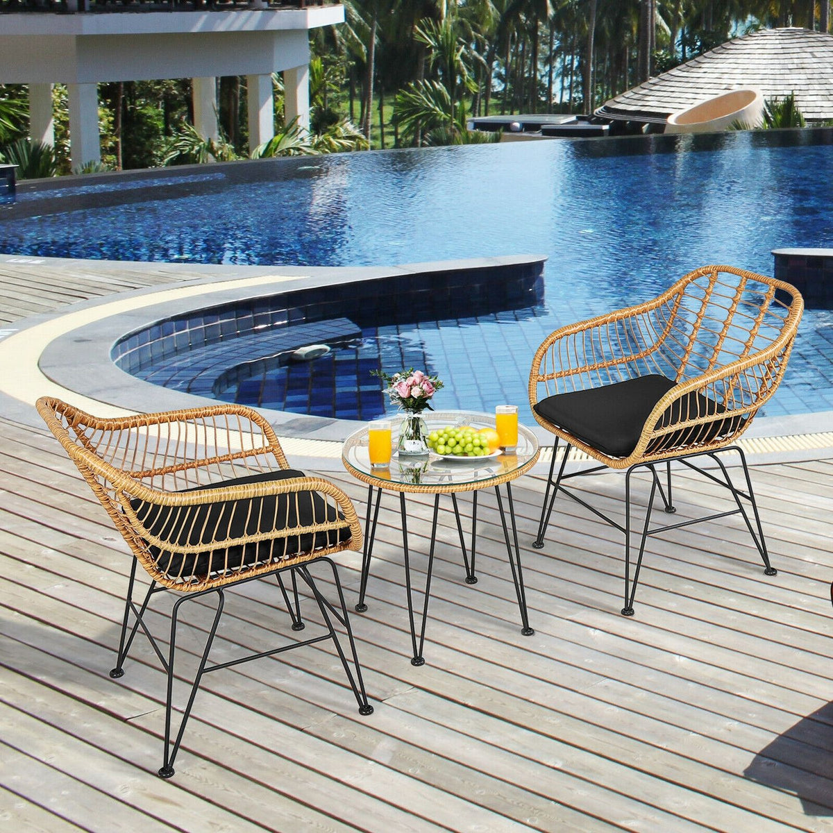 Ensemble de meubles en rotin 3 pièces, chaise et table avec coussins, noir