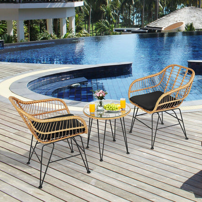Ensemble de meubles en rotin 3 pièces, chaise et table avec coussins, noir