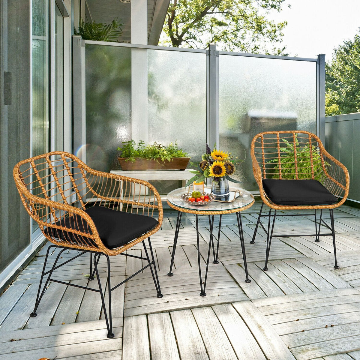 Ensemble de meubles en rotin 3 pièces, chaise et table avec coussins, noir