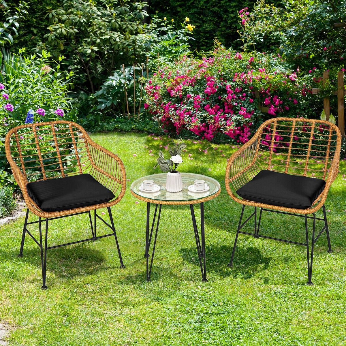 Ensemble de meubles en rotin 3 pièces, chaise et table avec coussins, noir