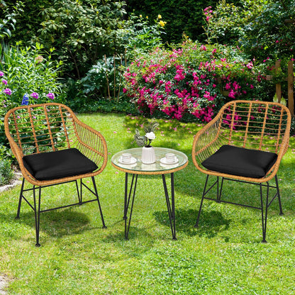 Ensemble de meubles en rotin 3 pièces, chaise et table avec coussins, noir