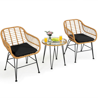Ensemble de meubles en rotin 3 pièces, chaise et table avec coussins, noir