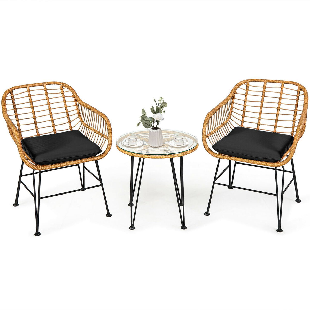 Ensemble de meubles en rotin 3 pièces, chaise et table avec coussins, noir