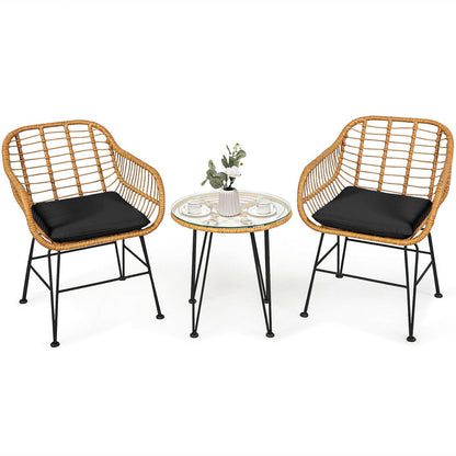 Ensemble de meubles en rotin 3 pièces, chaise et table avec coussins, noir