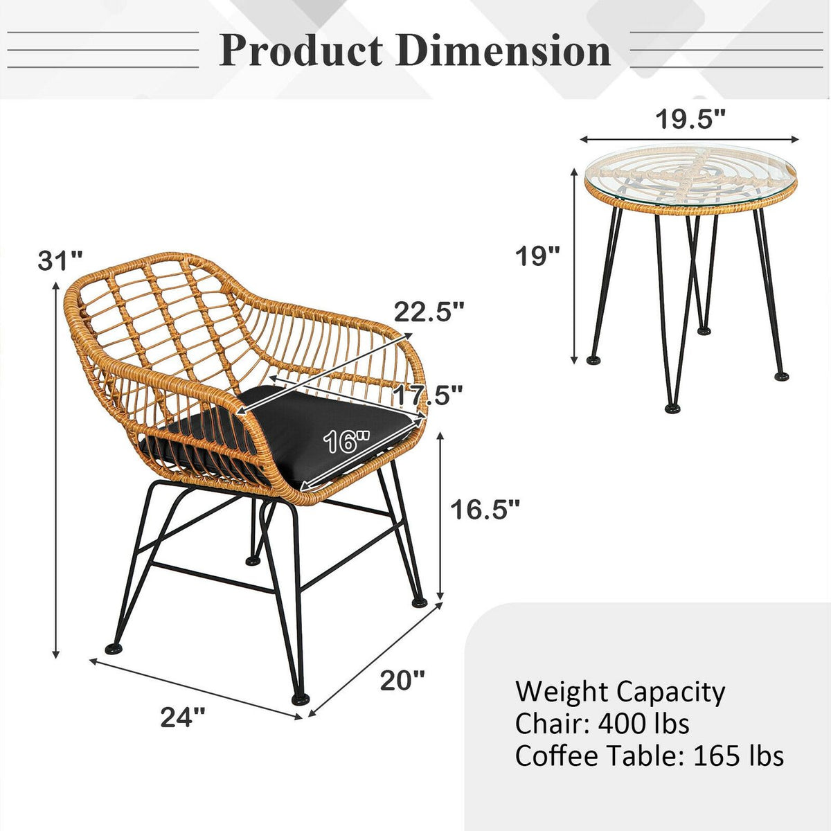 Ensemble de meubles en rotin 3 pièces, chaise et table avec coussins, noir