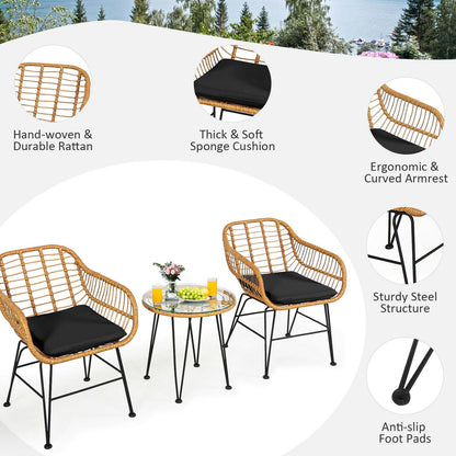 Ensemble de meubles en rotin 3 pièces, chaise et table avec coussins, noir