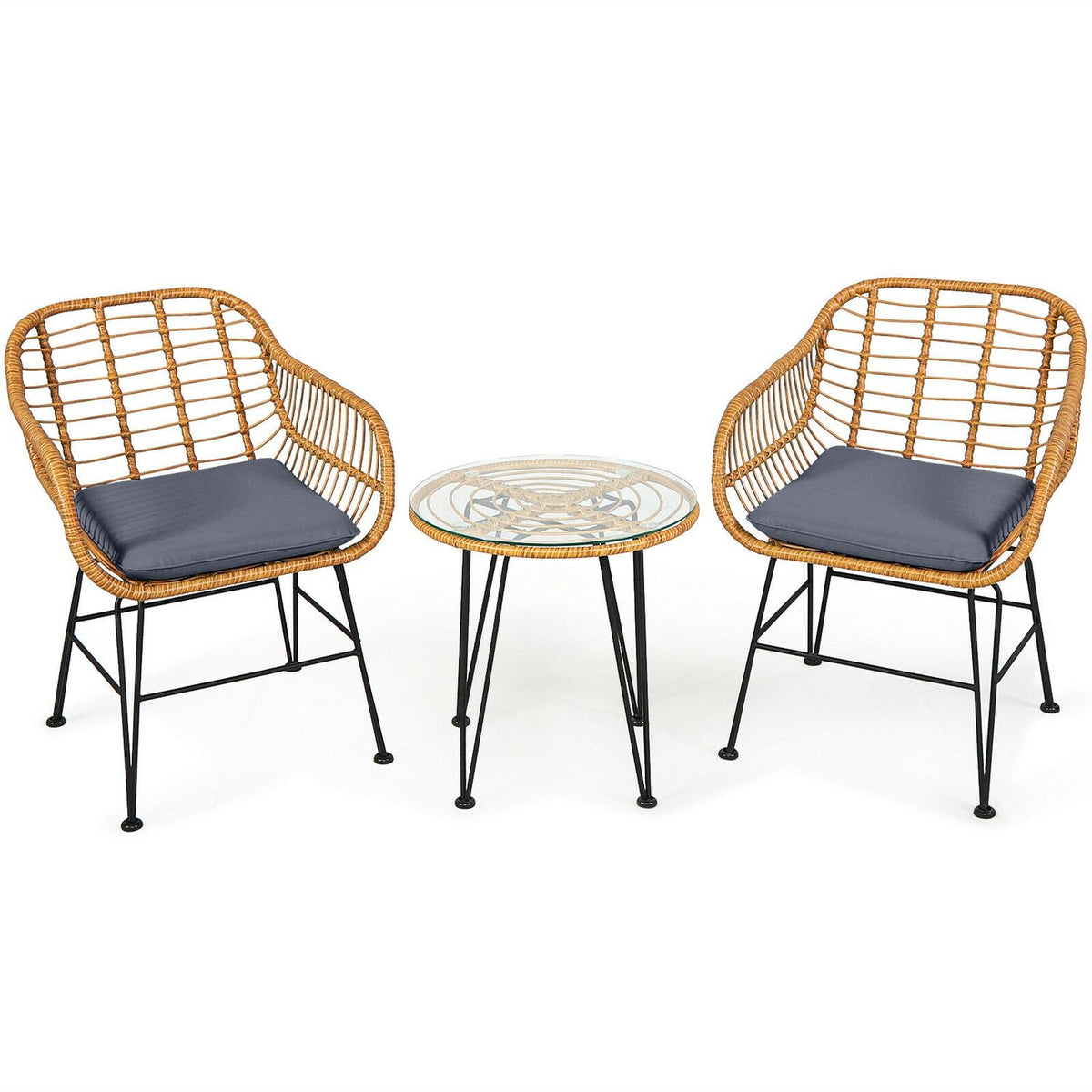 Ensemble de meubles en rotin 3 pièces avec chaise et table rembourrées, Gris