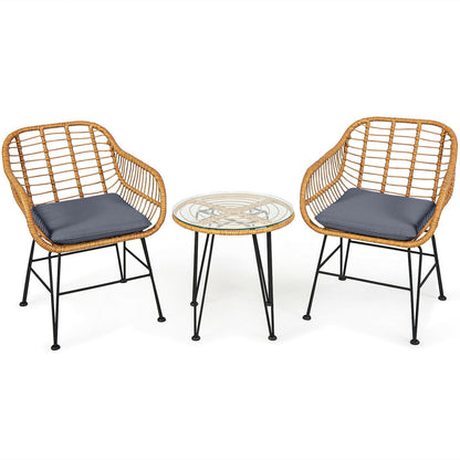 Ensemble de meubles en rotin 3 pièces avec chaise et table rembourrées, Gris