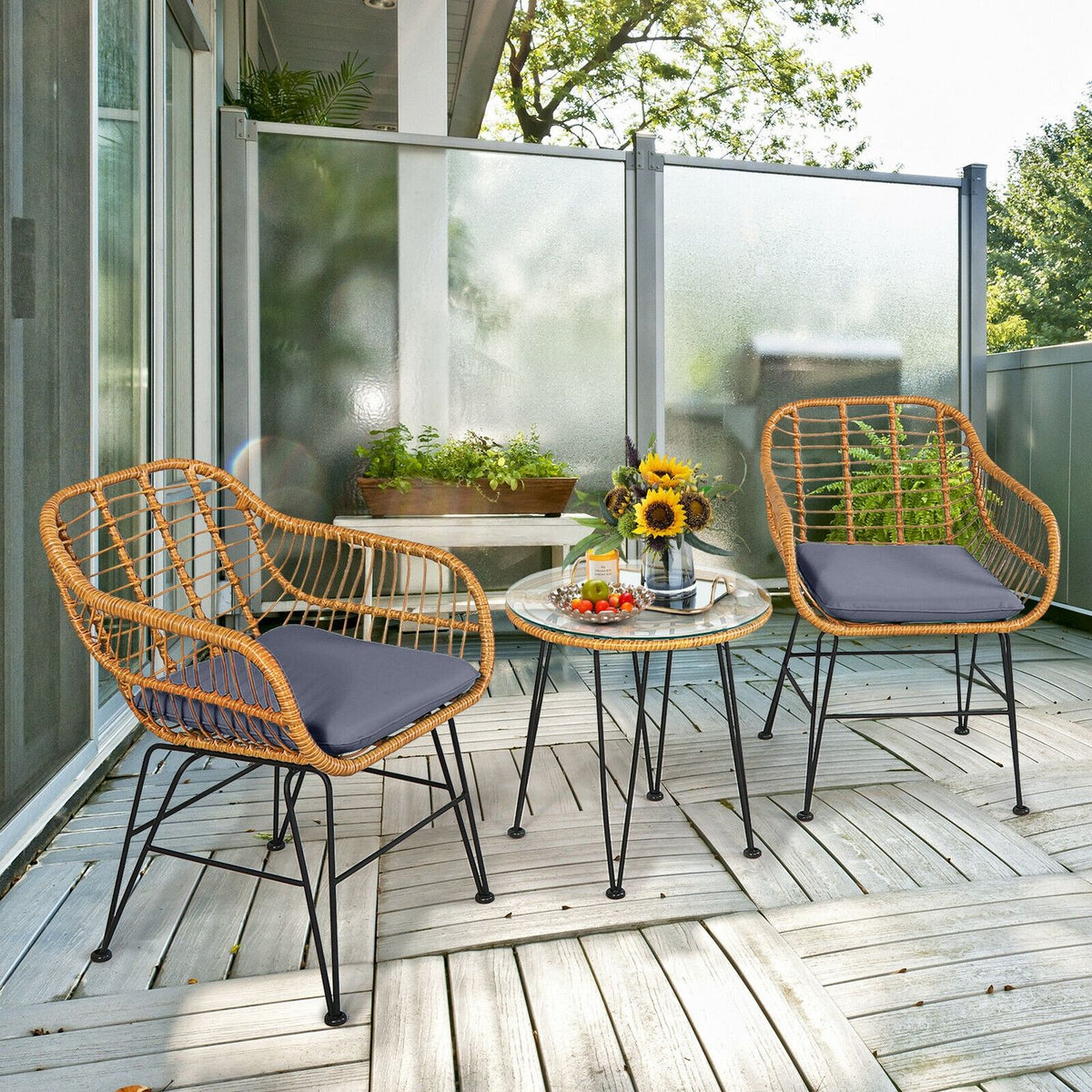 Ensemble de meubles en rotin 3 pièces avec chaise et table rembourrées, Gris