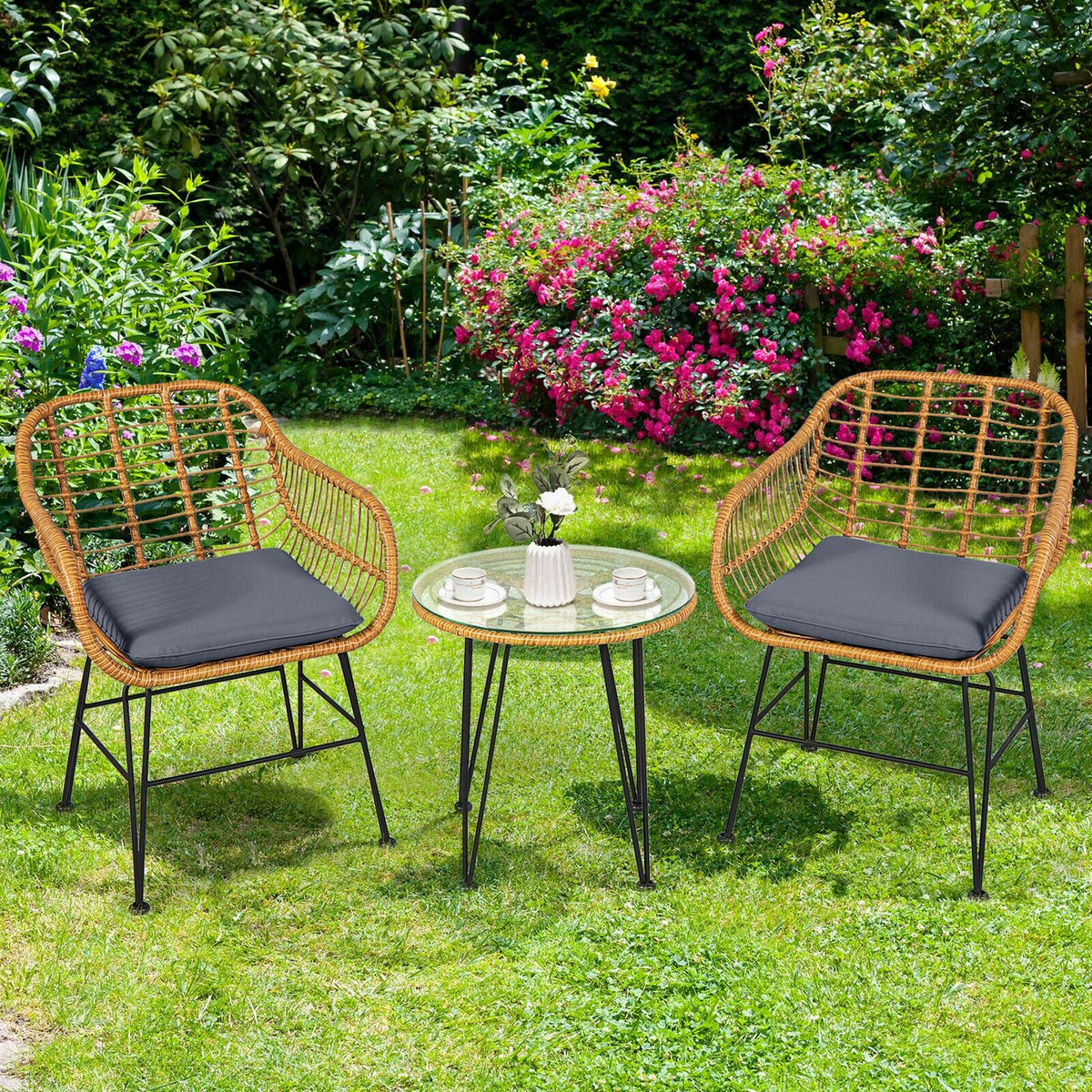 Ensemble de meubles en rotin 3 pièces avec chaise et table rembourrées, Gris