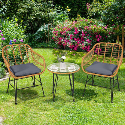 Ensemble de meubles en rotin 3 pièces avec chaise et table rembourrées, Gris