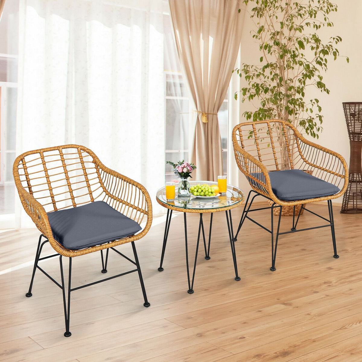 Ensemble de meubles en rotin 3 pièces avec chaise et table rembourrées, Gris