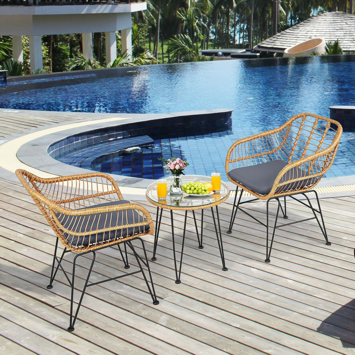 Ensemble de meubles en rotin 3 pièces avec chaise et table rembourrées, Gris