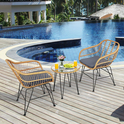 Ensemble de meubles en rotin 3 pièces avec chaise et table rembourrées, Gris