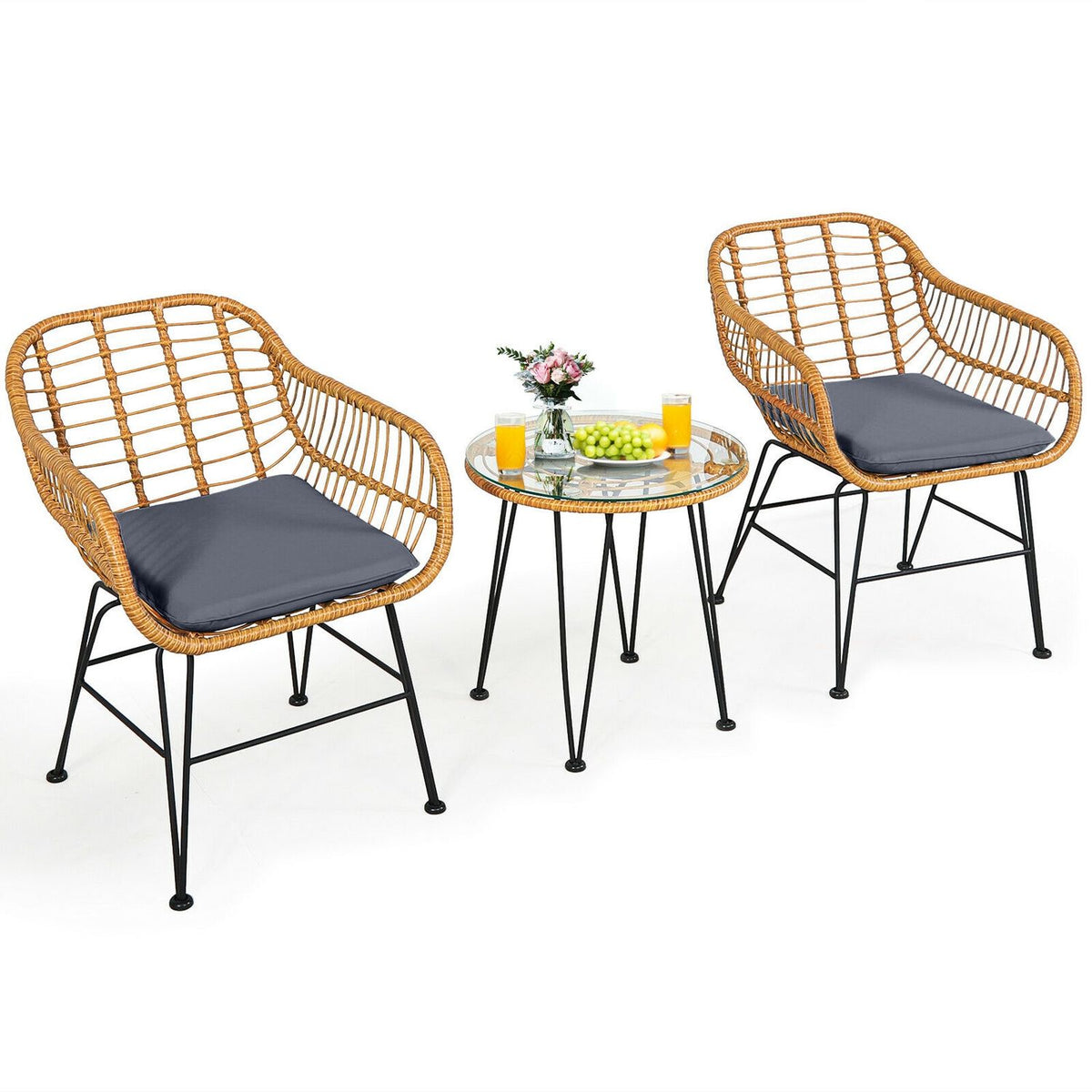 Ensemble de meubles en rotin 3 pièces avec chaise et table rembourrées, Gris