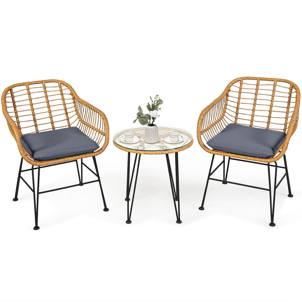 Ensemble de meubles en rotin 3 pièces avec chaise et table rembourrées, Gris
