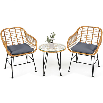 Ensemble de meubles en rotin 3 pièces avec chaise et table rembourrées, Gris