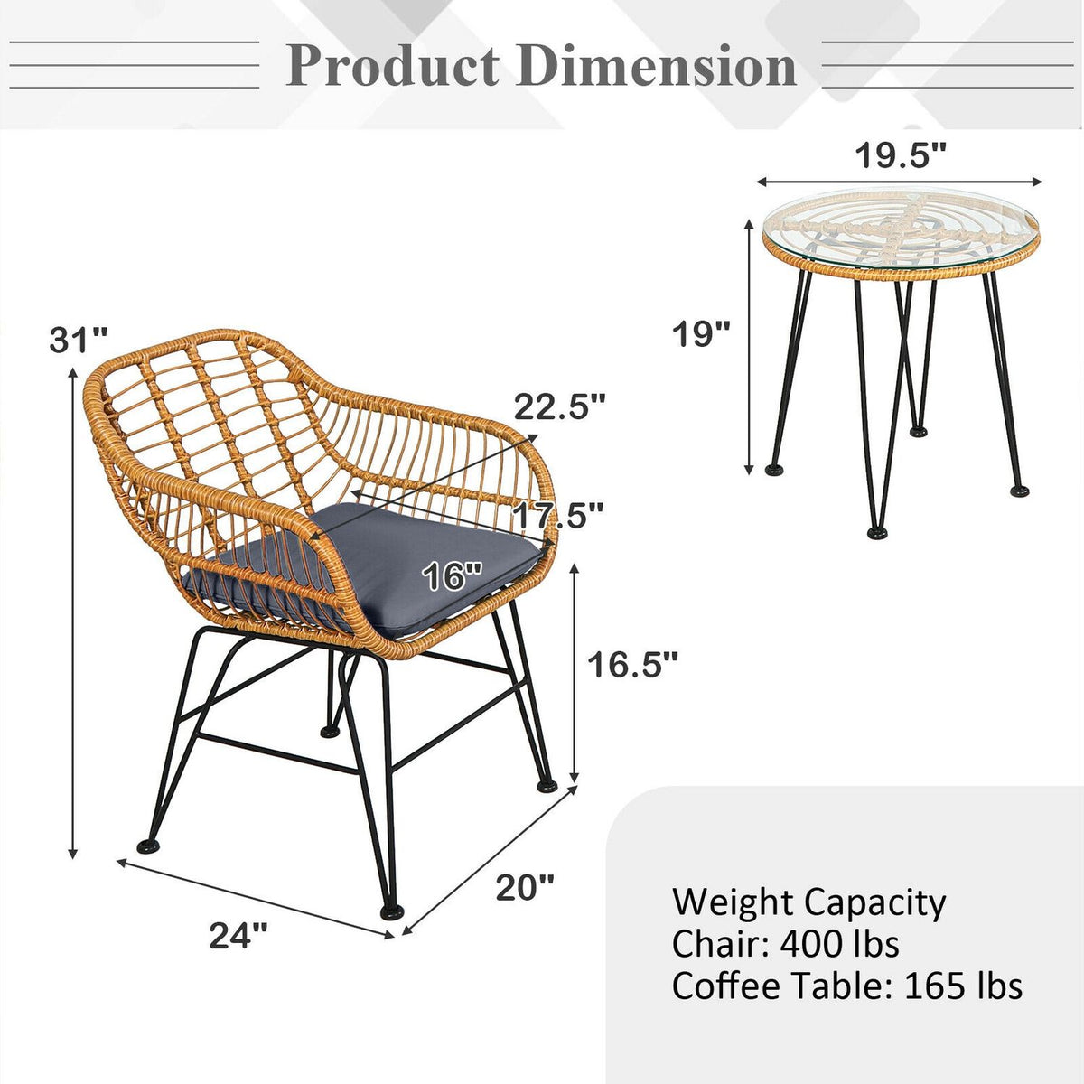 Ensemble de meubles en rotin 3 pièces avec chaise et table rembourrées, Gris