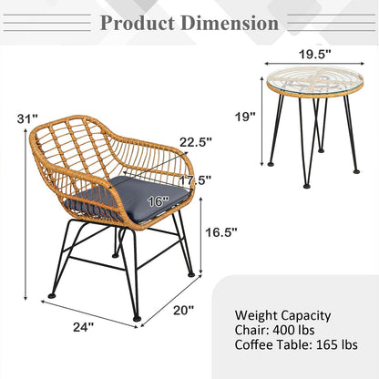 Ensemble de meubles en rotin 3 pièces avec chaise et table rembourrées, Gris